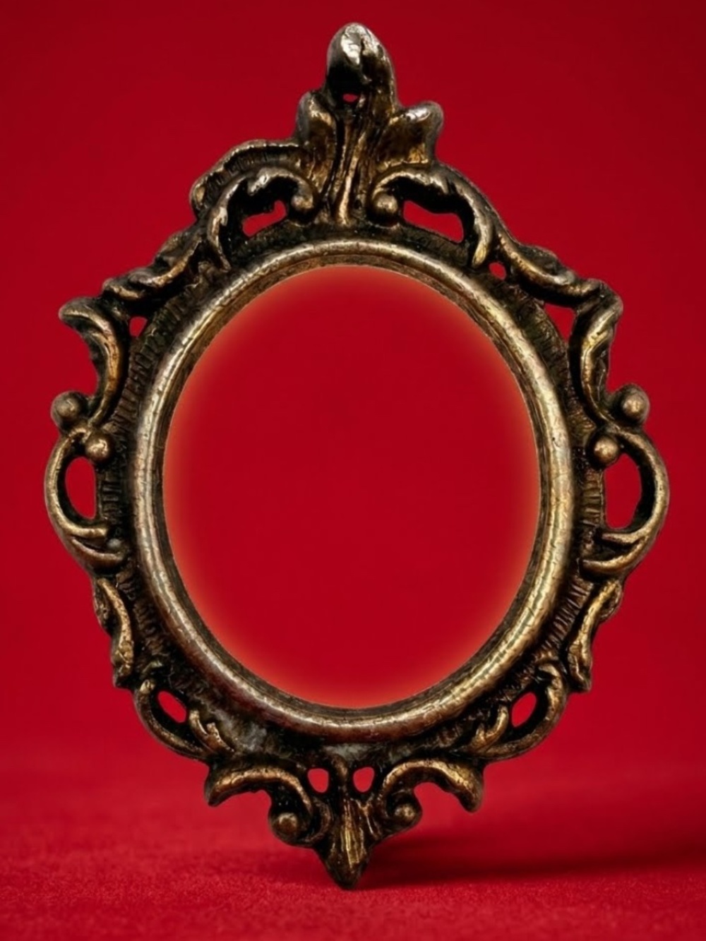 Vintage Ornate Brass Miniature Oval Photo Frame Pendant Open Filigree Brooch